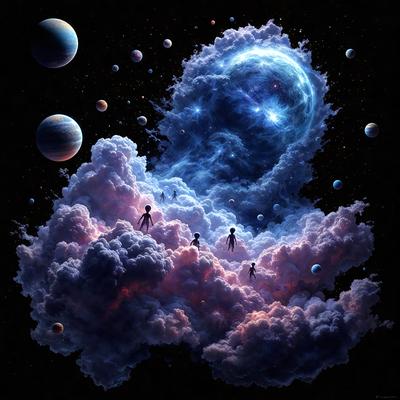 The primary subject of the image is a group of three aliens standing on a cloud. The setting is a space filled with various celestial bodies, including planets and moons. The visual style is digital art, and the dominant colors are blue and purple, creating a serene and otherworldly atmosphere.